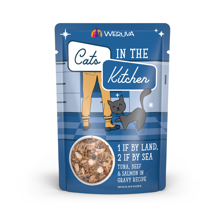A pouch of Cats in the Kitchen 1 If By Land, 2 If By Sea cat food: wild-caught tuna, grass-fed beef & salmon in gravy. Illustrated with a cat rubbing against a person's legs.