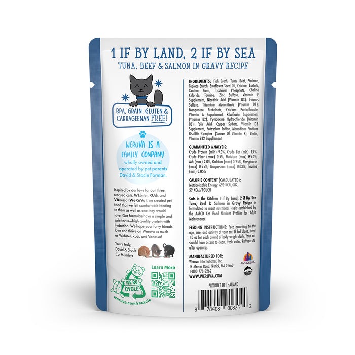 Back view of a Cats in the Kitchen "1 If By Land, 2 If By Sea" pouch showing product details, ingredients, and feeding guidelines. Highlights wild-caught tuna, grass-fed beef, flaky salmon in gravy, and BPA-, grain-, gluten-, carrageenan-free labels.