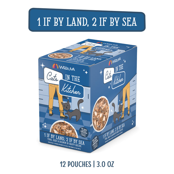 Cats in the Kitchen 1 If By Land, 2 If By Sea cat food comes in a box of twelve 3.0 oz pouches with wild-caught tuna and flaky salmon recipes your cat will love.
