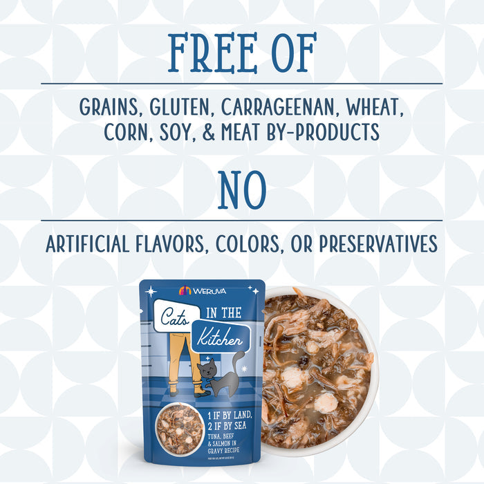 A pouch and bowl of Cats in the Kitchen 1 If By Land, 2 If By Sea cat food are shown. Made with wild-caught tuna, it’s free of grains, gluten, carrageenan, wheat, corn, soy, by-products, artificial flavors or preservatives.