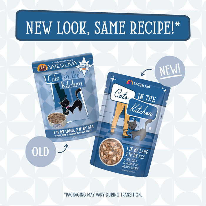 Two packages of Cats in the Kitchen 1 If By Land, 2 If By Sea cat food are shown. The left is labeled Old and the right, New! Both feature a cat, but the new design—wearing jeans and sneakers—highlights wild-caught tuna.