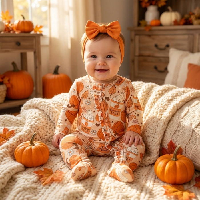Baby Girls Halloween Pumpkin Footed Romper - Cozy Nursery