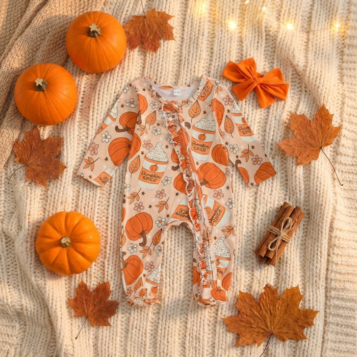 Baby Girls Halloween Pumpkin Footed Romper - Cozy Nursery