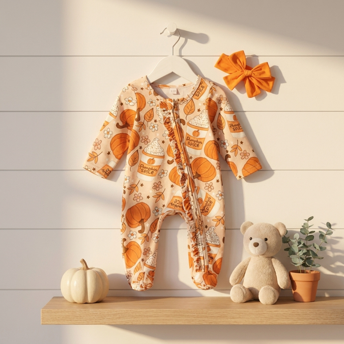 Baby Girls Halloween Pumpkin Footed Romper - Cozy Nursery