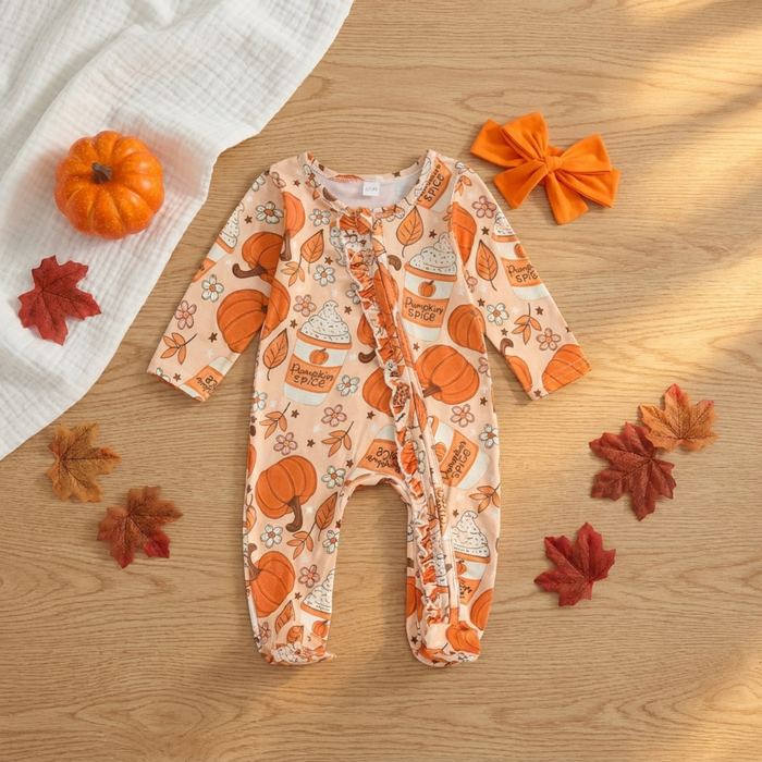 Baby Girls Halloween Pumpkin Footed Romper - Cozy Nursery