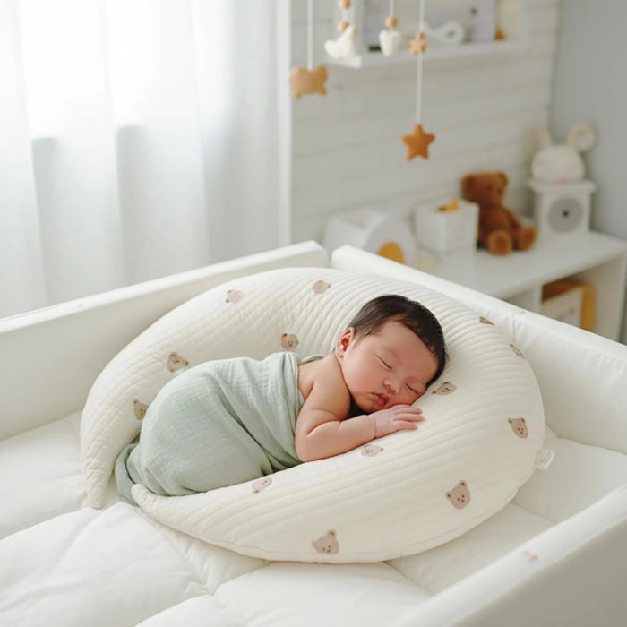 Bear Print Nursing Pillow: Crescent Moon Baby Support Cushion
