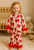 Bow Party Kids Pajamas: Feather Trim Satin Button-Up Set