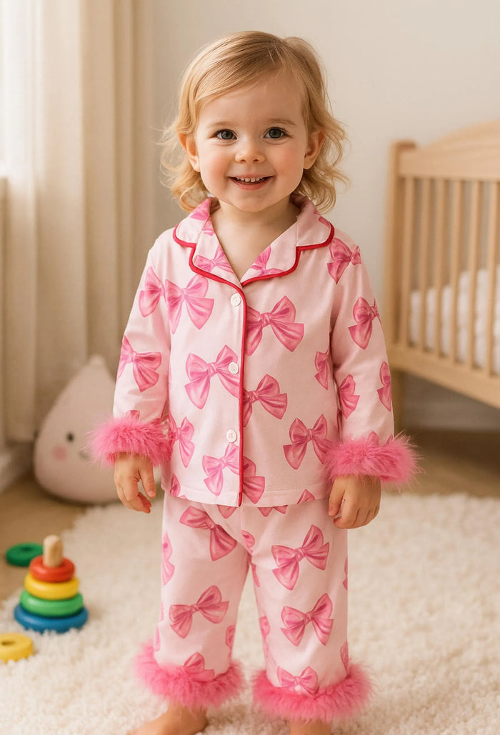 Bow Party Kids Pajamas: Feather Trim Satin Button-Up Set