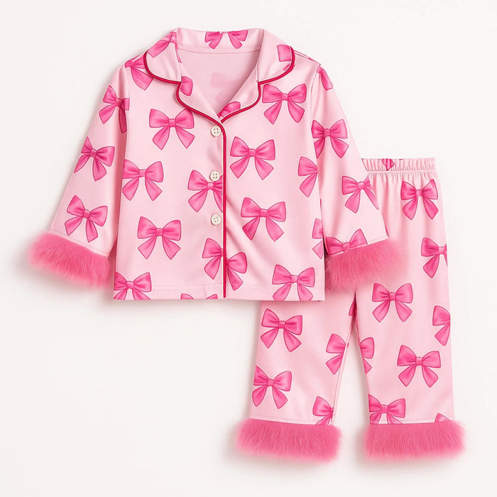 Bow Party Kids Pajamas: Feather Trim Satin Button-Up Set