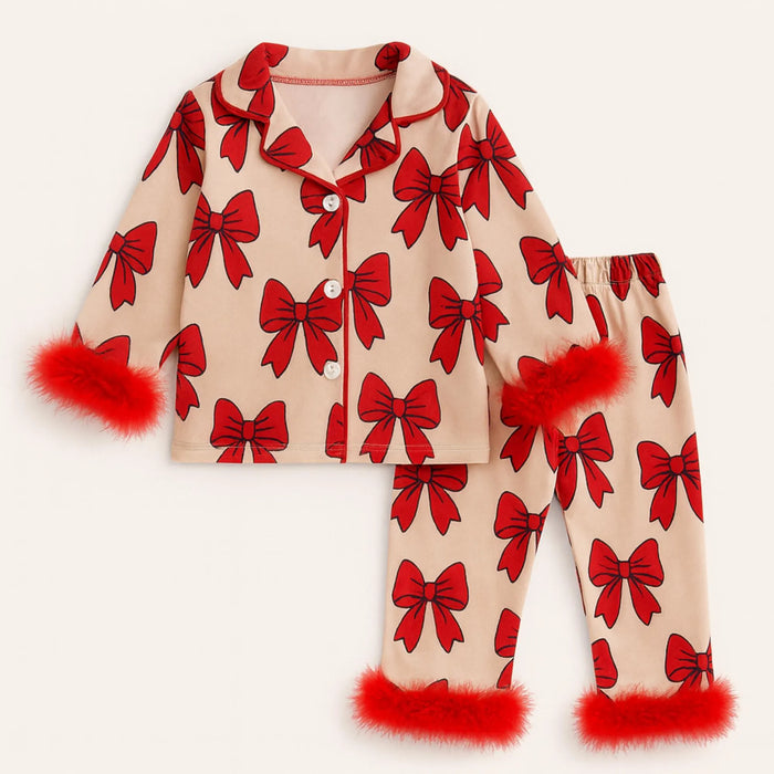Bow Party Kids Pajamas: Feather Trim Satin Button-Up Set