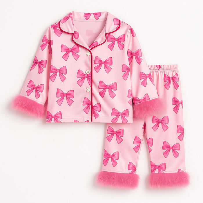 Bow Party Kids Pajamas: Feather Trim Satin Button-Up Set