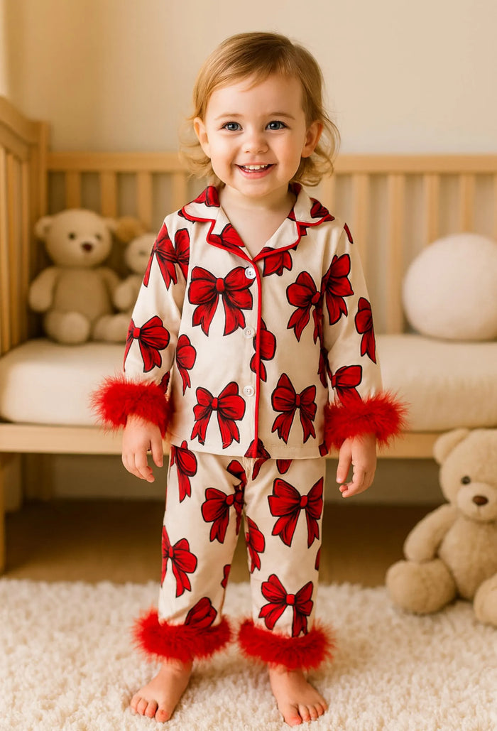 Bow Party Kids Pajamas: Feather Trim Satin Button-Up Set