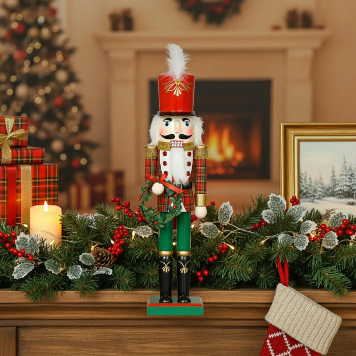 Christmas Nutcracker 38 Cm Classic Tartan Nutcracker with Wreath Hand-Painted Wooden Christmas Decor
