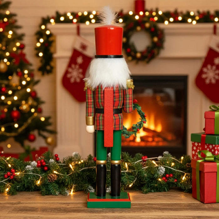 Christmas Nutcracker 38 Cm Classic Tartan Nutcracker with Wreath Hand-Painted Wooden Christmas Decor