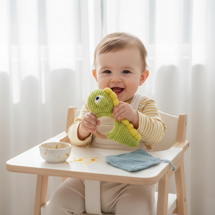 Crochet Dinosaur Baby Rattle – Teething Ring Toy