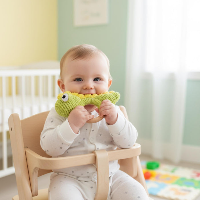 Crochet Dinosaur Baby Rattle – Teething Ring Toy