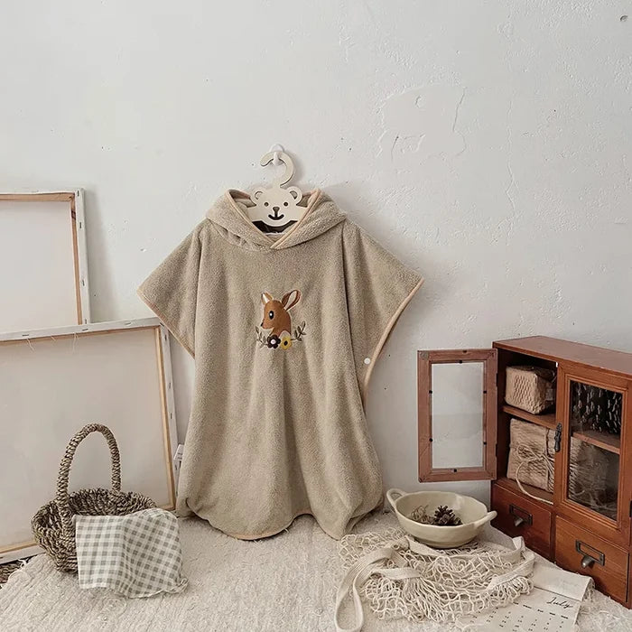 Hooded Poncho Towel with Animal Embroidery