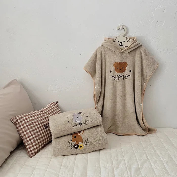 Hooded Poncho Towel with Animal Embroidery