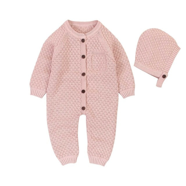 Knitted Romper with Bonnet - Cozy Nursery