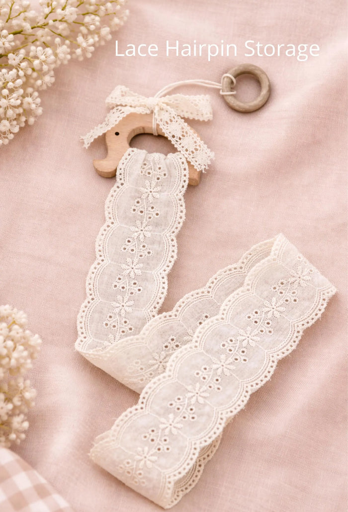 Lace Hair Clip Organizer – Vintage Baby Hair Clip Storage Holder with Wooden Ring & Ribbon Bow