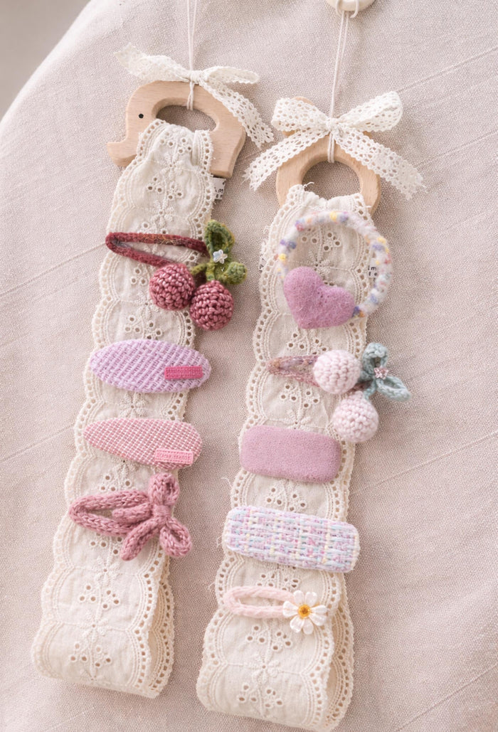 Lace Hair Clip Organizer – Vintage Baby Hair Clip Storage Holder with Wooden Ring & Ribbon Bow