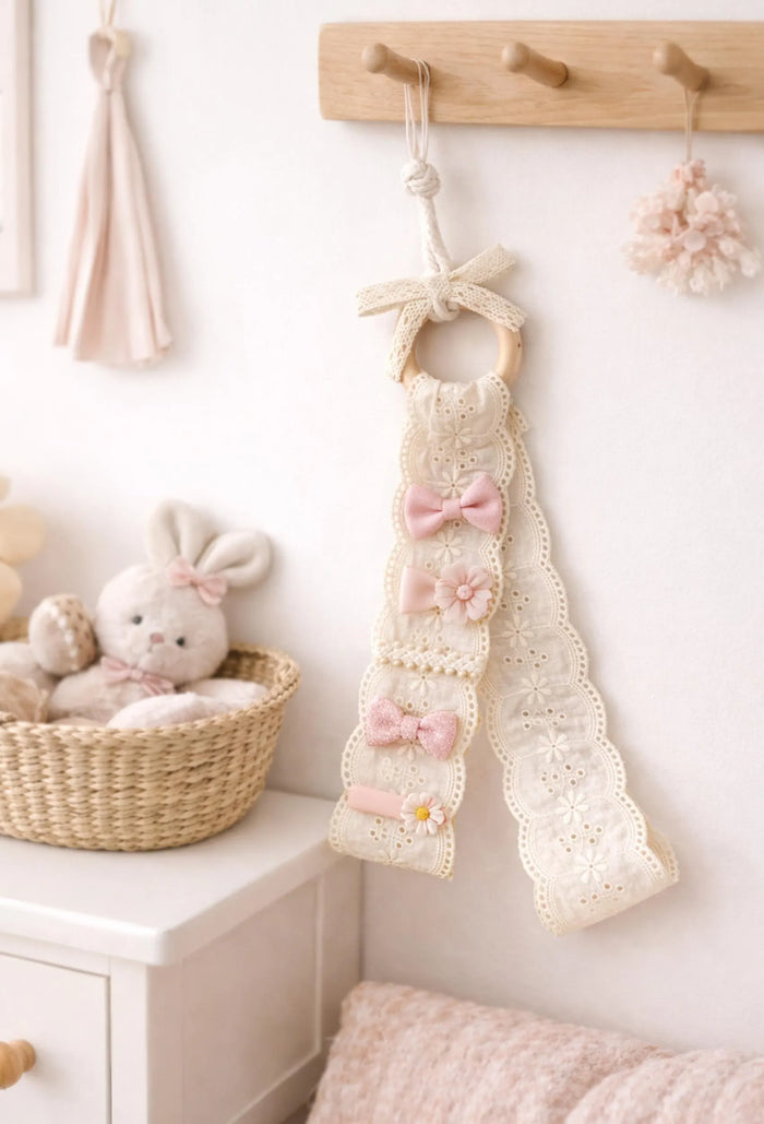 Lace Hair Clip Organizer – Vintage Baby Hair Clip Storage Holder with Wooden Ring & Ribbon Bow