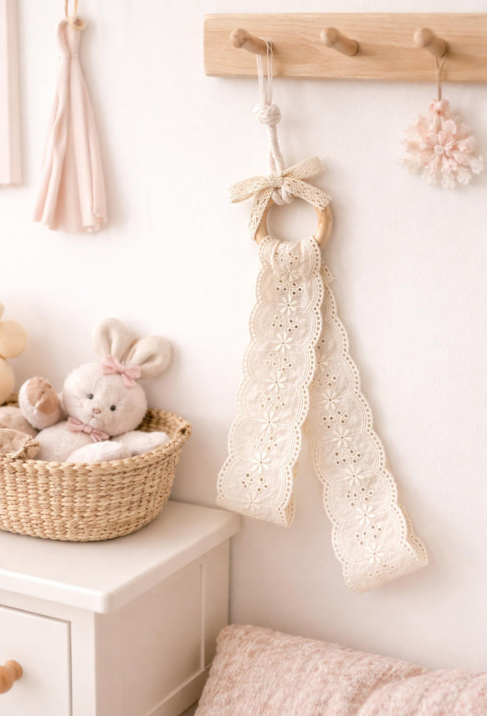 Lace Hair Clip Organizer – Vintage Baby Hair Clip Storage Holder with Wooden Ring & Ribbon Bow