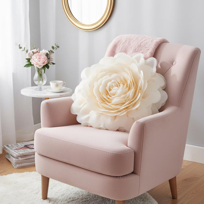 Large 3D Organza Rose Pillow with Core: Glam Floral Cushion, 53Cm