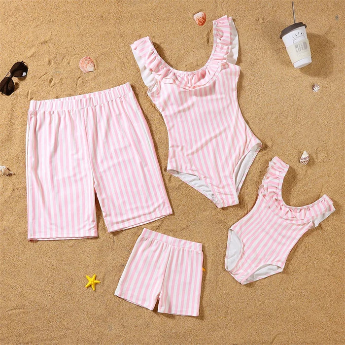 Matching Family Pink Stripe Swimsuits - Cozy Nursery