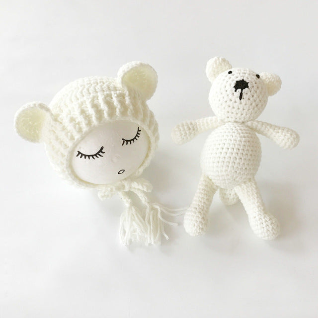 Newborn Knit Hats and a Bear toy set - Cozy Nursery