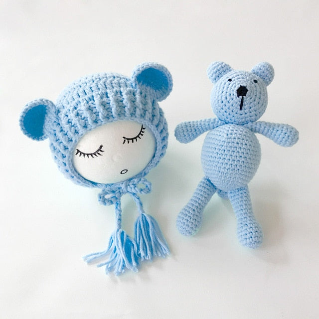 Newborn Knit Hats and a Bear toy set - Cozy Nursery