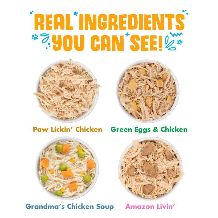 Four bowls of Weruva Paw Lickin' Pals shredded white breast meat chicken cat food—featuring Paw Lickin’ Chicken, Green Eggs & Chicken, Grandma’s Chicken Soup, and Amazon Livin’ with real ingredients in every tasty variety pack.
