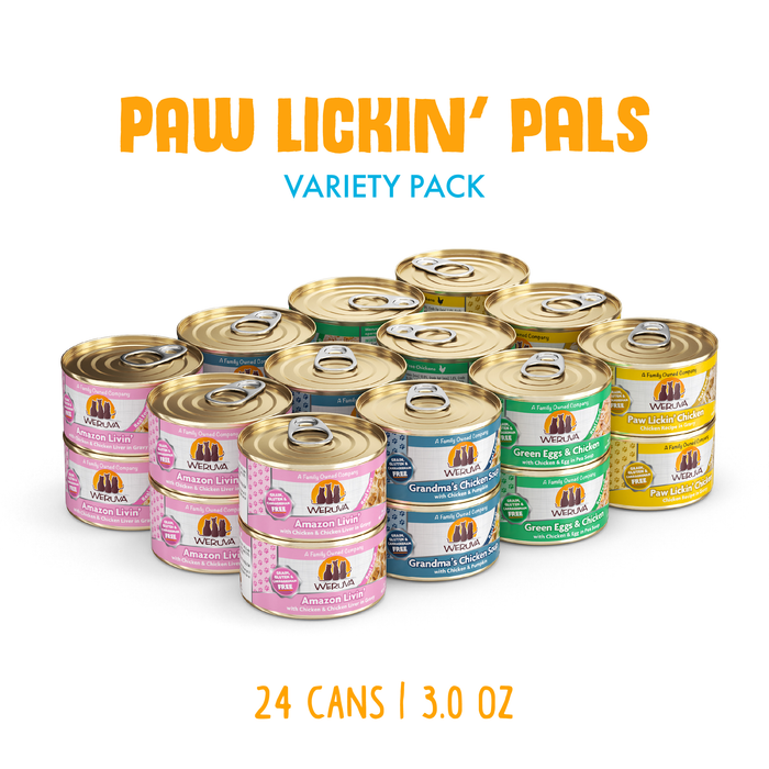 Weruva Paw Lickin’ Pals, variety pack of 24 cans (3.0 oz each), features boneless white breast meat chicken cat food in three flavors: Amazon Livin’, Grandma’s Chicken Soup, and Green Eggs & Chicken.