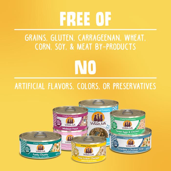 Cans of Weruva Paw Lickin' Pals boneless chicken cat food on a yellow background—grain, gluten, carrageenan, and additive free. Made with white breast meat chicken and available in assorted variety packs.