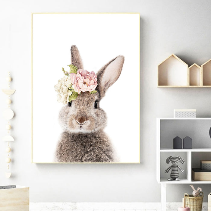 Peonies Rabbit Nursery Poster - Cozy Nursery
