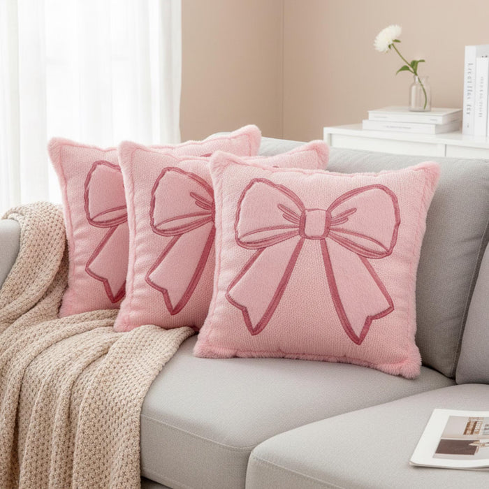 Pink Bow Decorative Cushion Cover – Plush Velvet Throw Pillow for Cozy Feminine Decor