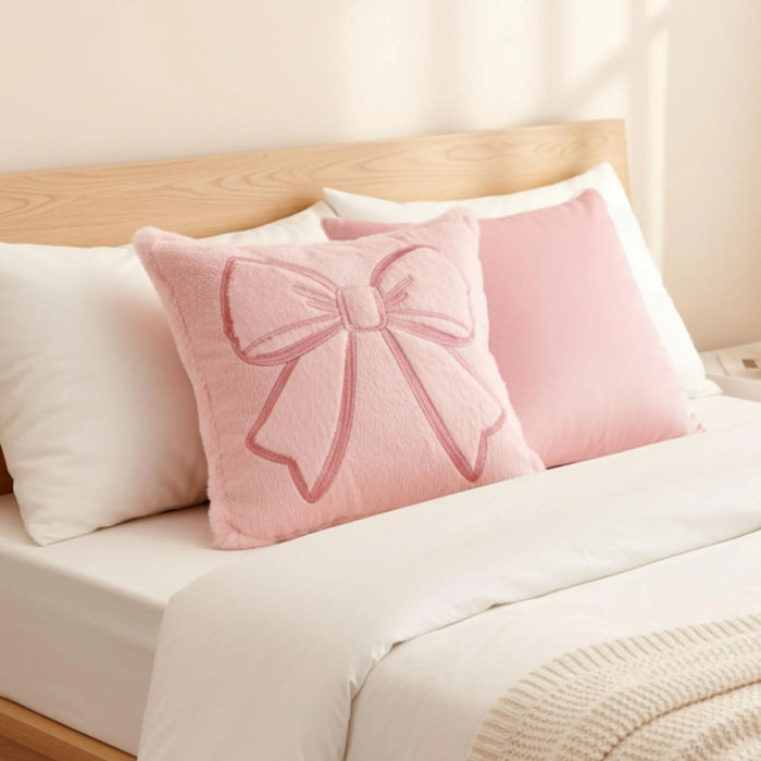 Pink Bow Decorative Cushion Cover – Plush Velvet Throw Pillow for Cozy Feminine Decor