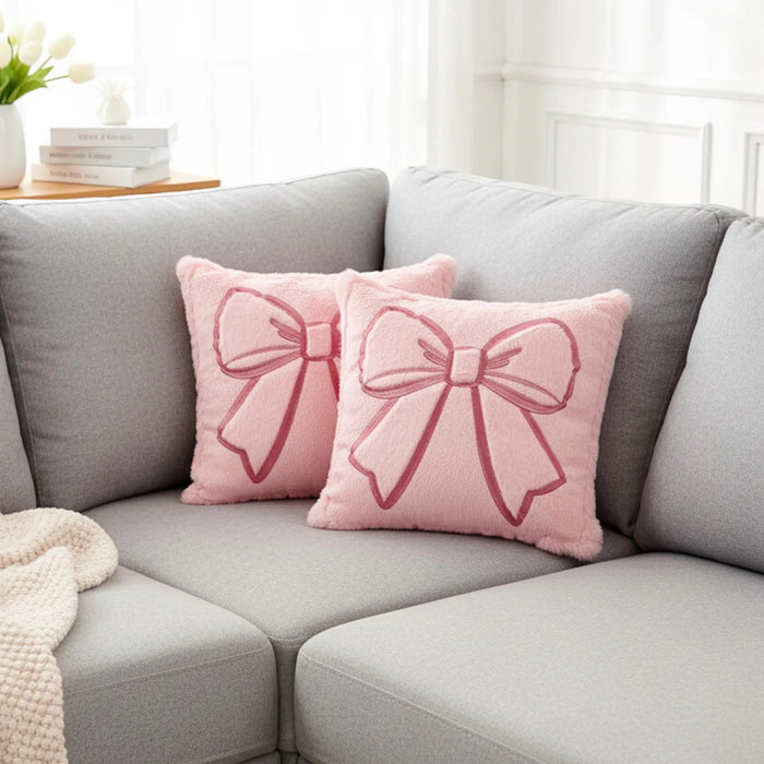 Pink Bow Decorative Cushion Cover – Plush Velvet Throw Pillow for Cozy Feminine Decor