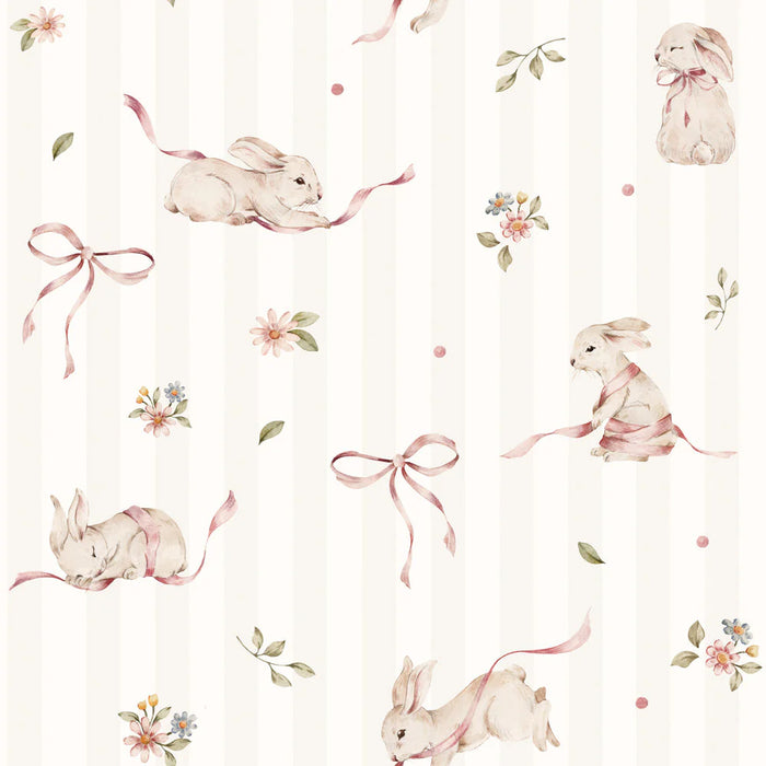 Pink Rabbits & Bows on Stripes Wallpaper