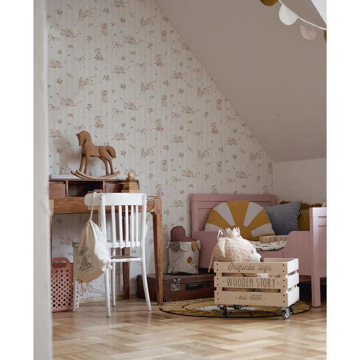 Pink Rabbits & Bows on Stripes Wallpaper