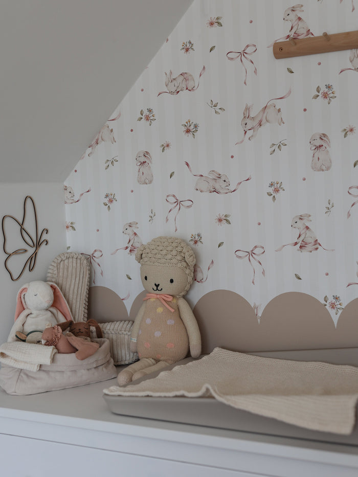 Pink Rabbits & Bows on Stripes Wallpaper