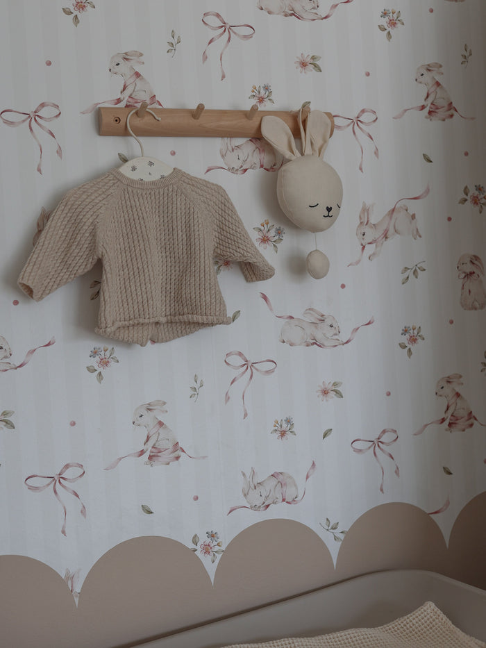 Pink Rabbits & Bows on Stripes Wallpaper