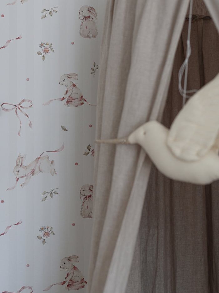 Pink Rabbits & Bows on Stripes Wallpaper