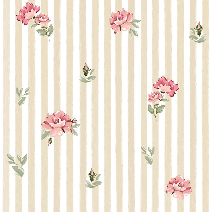 Pink Roses on Stripes Wallpaper