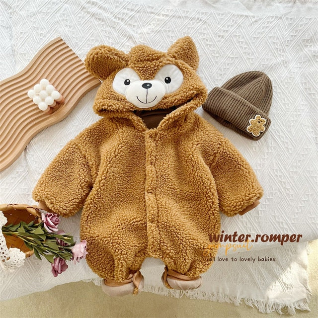 Plush Bear Baby Hooded Romper