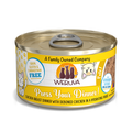 A can of Weruva Press Your Dinner! cat food features hydrating deboned chicken breast, is free from grain, gluten, and carrageenan, and displays playful cartoon cats on the label.