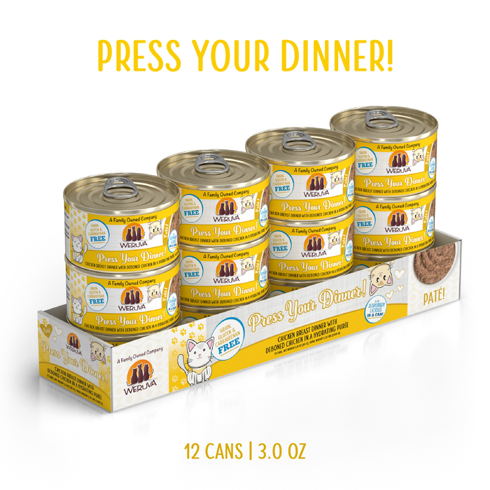 Twelve 3-oz cans of Weruva Press Your Dinner! chicken and duck paté, made with deboned chicken breast, are arranged in branded packaging. This hydrating cat food is puréed, grain-free, and gluten-free.