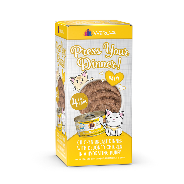 A yellow box of Weruva Press Your Dinner! Paté cat food displays hydrating puréed deboned chicken breast, cartoon cats, and text indicating 4 cans (3 oz each) are included.