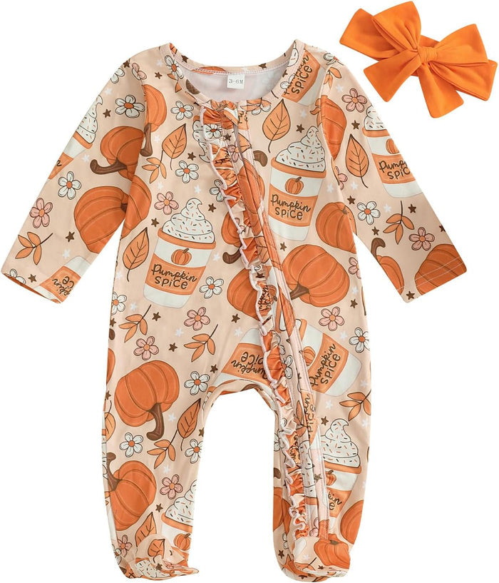 Pumpkin Baby Girl Boy Footie Romper One Piece Jumpsuit Sleeper Infant Clothes