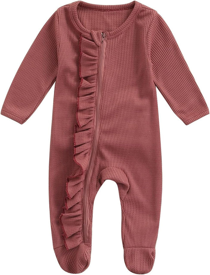 Waffle Ruffle Footie Light Red / 0-3 Months